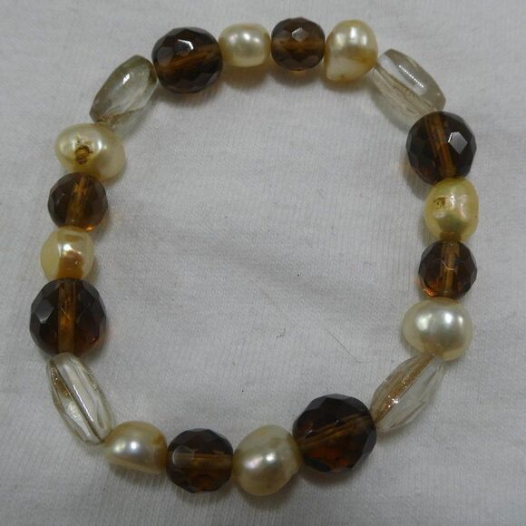Genuine Pearl Faceted Beaded Bracelet Adjustable Stretchy Neutral Brown - Picture 1 of 5